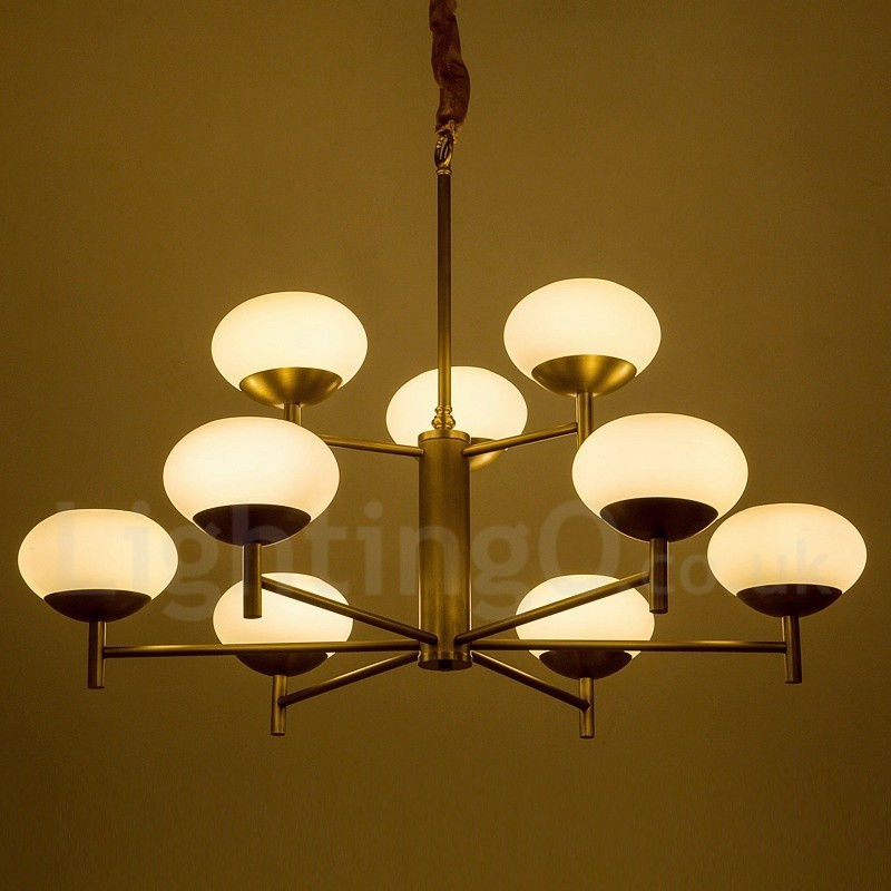 Lámpara colgante de latón rústico retro de lujo de 9 luces con pantalla de cristal