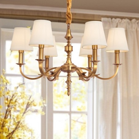Lámpara colgante de latón rústico retro de 6 luces con pantalla de tela Lámpara colgante de latón rústico retro de 6 luces con pantalla de tela