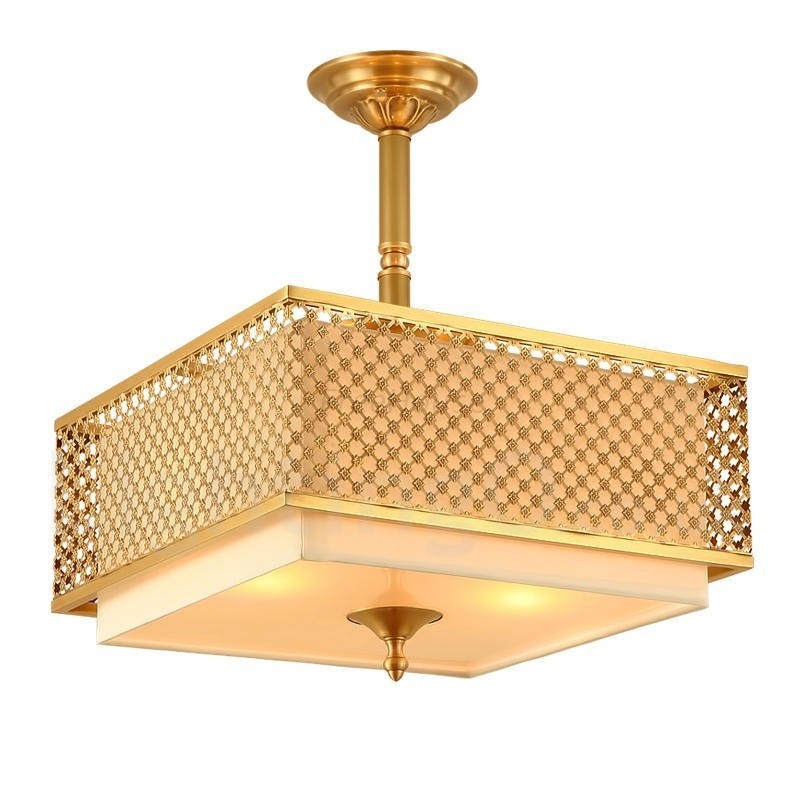 Lámpara colgante de latón rústico retro de 4 luces con pantalla de tela