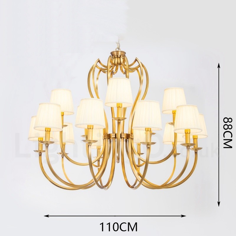 Lámpara colgante de latón rústico retro de lujo de 18 luces con pantalla de tela