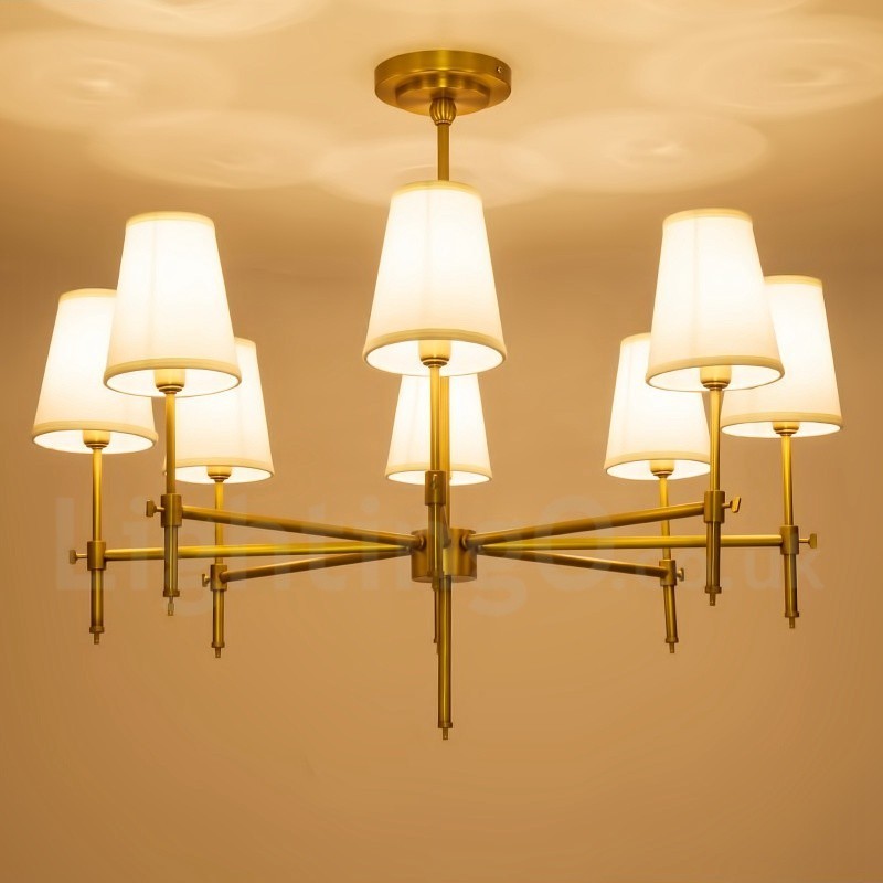 Lámpara colgante de latón rústico retro de 8 luces con pantalla de tela