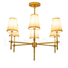 Lámpara colgante de latón rústico retro de 6 luces con pantalla de tela