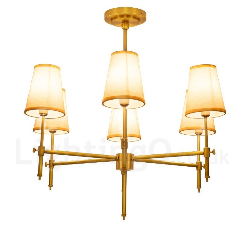 Lámpara colgante de latón rústico retro de 6 luces con pantalla de tela