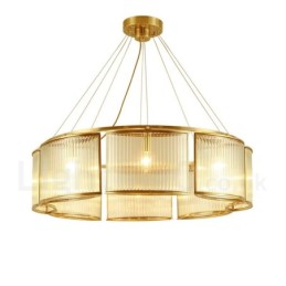 Lámpara colgante de latón rústico retro de 8 luces con pantalla de cristal