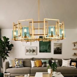 Lámpara colgante de latón rústico retro de 6 luces con pantalla de cristal