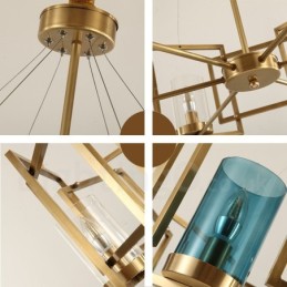 Lámpara colgante de latón rústico retro de 6 luces con pantalla de cristal