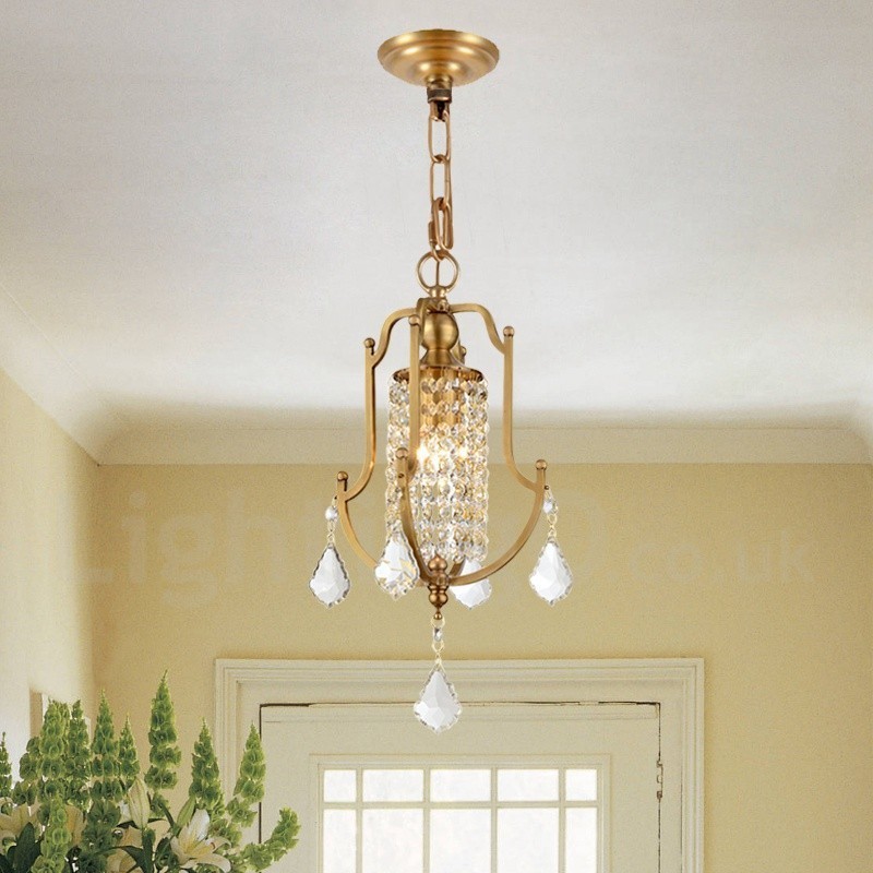 Lámpara colgante de latón rústico retro de lujo de 1 luz con pantalla de cristal