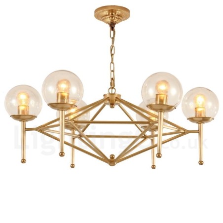 Lámpara colgante de latón rústico retro de 6 luces con pantalla de cristal Lámpara colgante de latón rústico retro de 6 luces con pantalla de cristal
