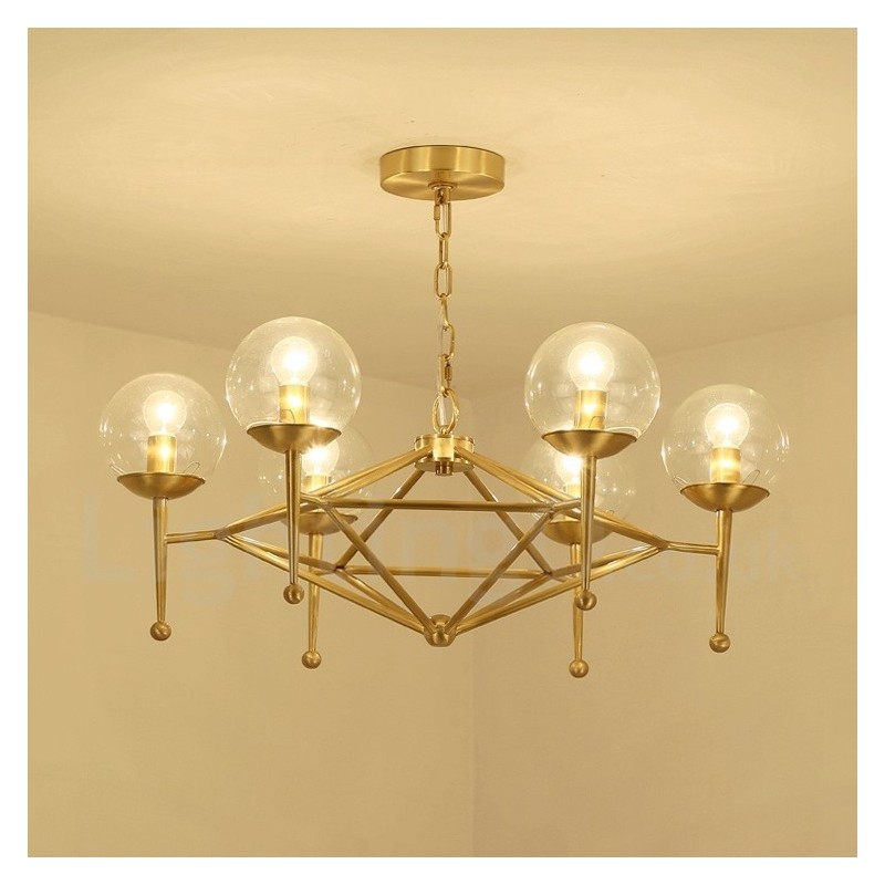 Lámpara colgante de latón rústico retro de 6 luces con pantalla de cristal