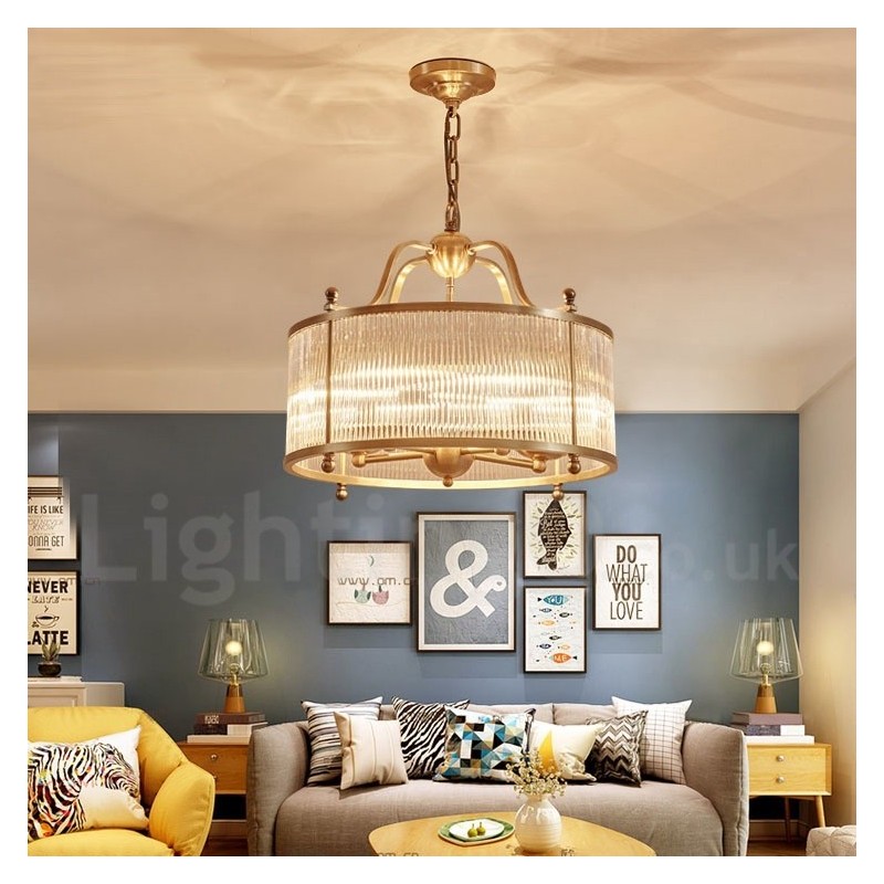 Lámpara colgante de latón rústico retro de 5 luces con pantalla de cristal