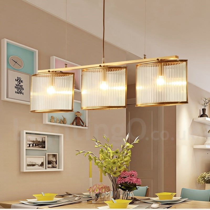 Lámpara colgante de latón rústico retro de 3 luces con pantalla de cristal