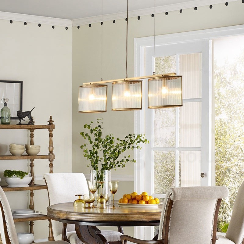 Lámpara colgante de latón rústico retro de 3 luces con pantalla de cristal