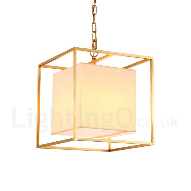 Lámpara colgante de latón rústico retro de lujo de 1 luz con pantalla de tela