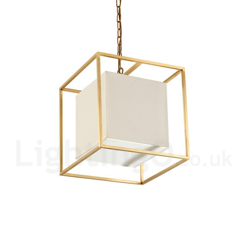 Lámpara colgante de latón rústico retro de lujo de 1 luz con pantalla de tela