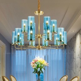 Lámpara colgante de latón rústico retro de lujo de 16 luces con pantalla de cristal