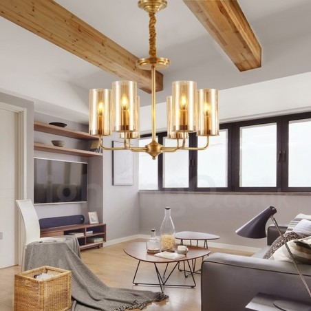 Lámpara colgante de latón rústico retro de 6 luces con pantalla de cristal