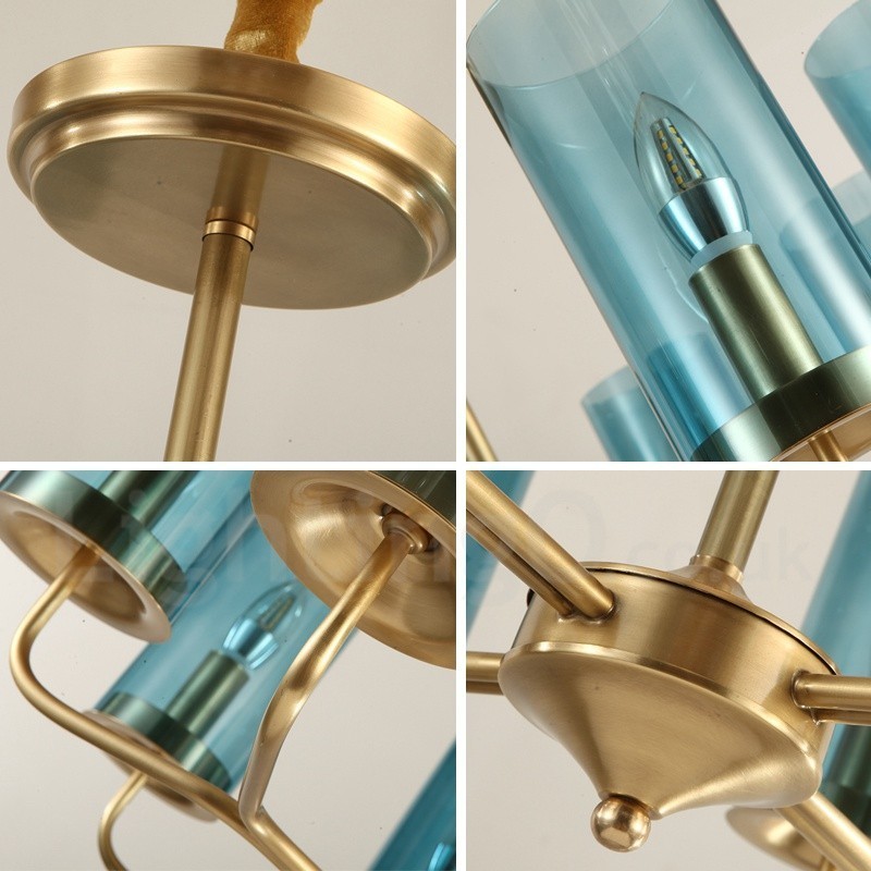 Lámpara colgante de latón rústico retro de 8 luces con pantalla de cristal