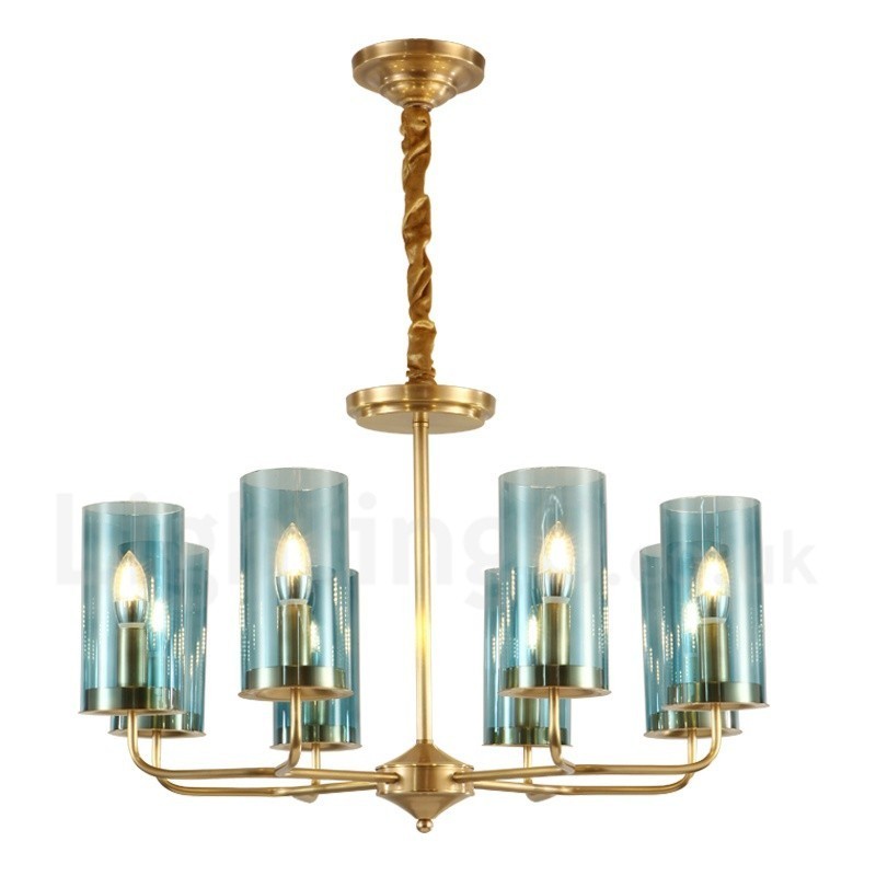 Lámpara colgante de latón rústico retro de 8 luces con pantalla de cristal