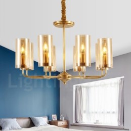 Lámpara colgante de latón rústico retro de 8 luces con pantalla de cristal