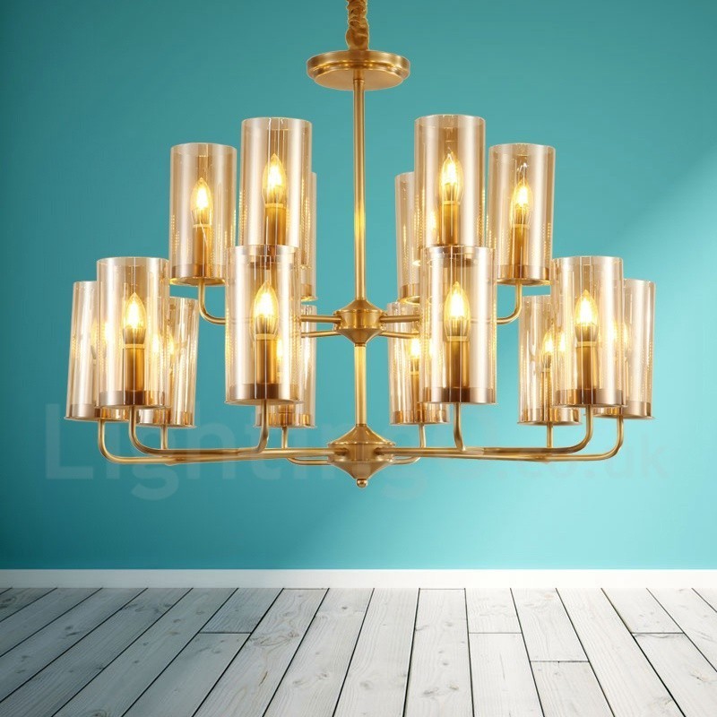 Lámpara colgante de latón rústico retro de lujo de 16 luces con pantalla de cristal