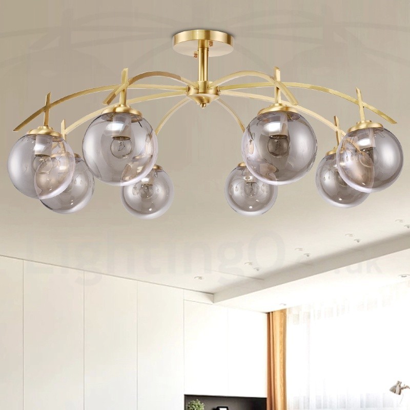 Lámpara colgante de latón rústico retro de 8 luces con pantalla de cristal