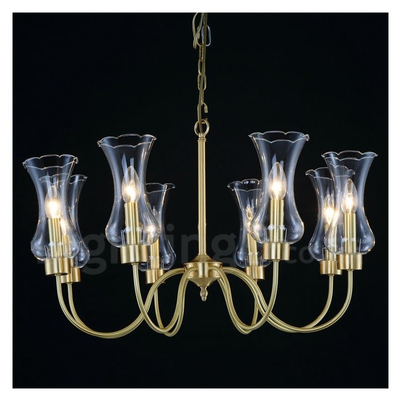 Lámpara colgante de latón rústico retro de 8 luces con pantalla de cristal