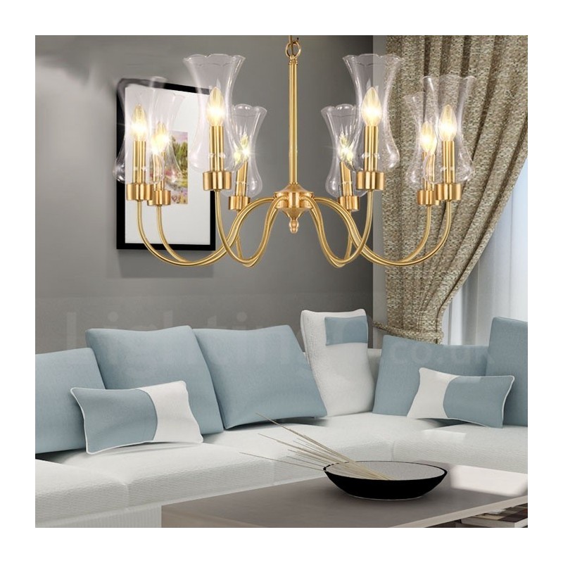 Lámpara colgante de latón rústico retro de 8 luces con pantalla de cristal