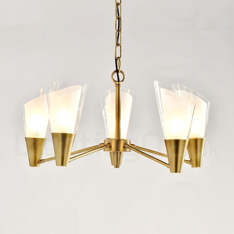 Lámpara colgante de latón rústico retro de 5 luces con pantalla de cristal