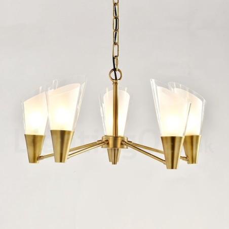 Lámpara colgante de latón rústico retro de 5 luces con pantalla de cristal Lámpara colgante de latón rústico retro de 5 luces con pantalla de cristal