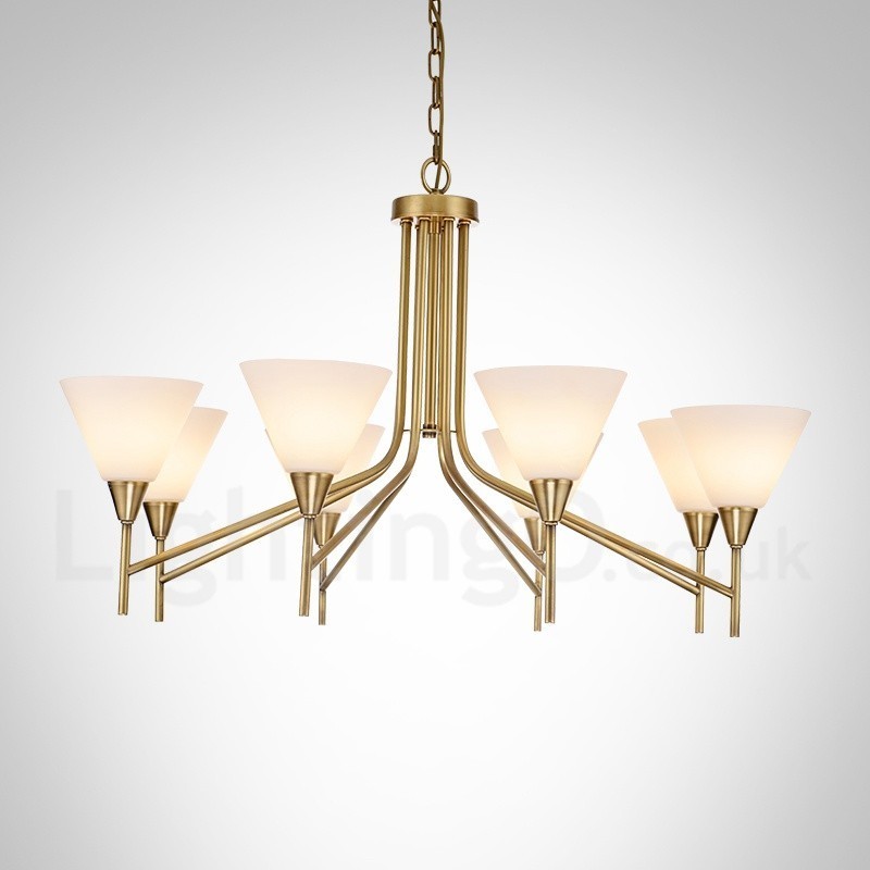 Lámpara colgante de latón rústico retro de 8 luces con pantalla de cristal