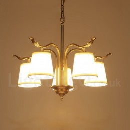 Lámpara colgante de latón rústico retro de 5 luces con pantalla de tela