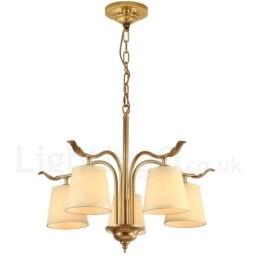 Lámpara colgante de latón rústico retro de 5 luces con pantalla de tela
