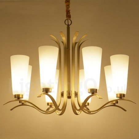 Lámpara colgante de latón rústico retro de 8 luces con pantalla de cristal