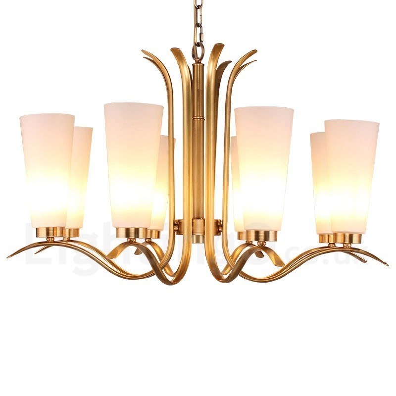 Lámpara colgante de latón rústico retro de 8 luces con pantalla de cristal