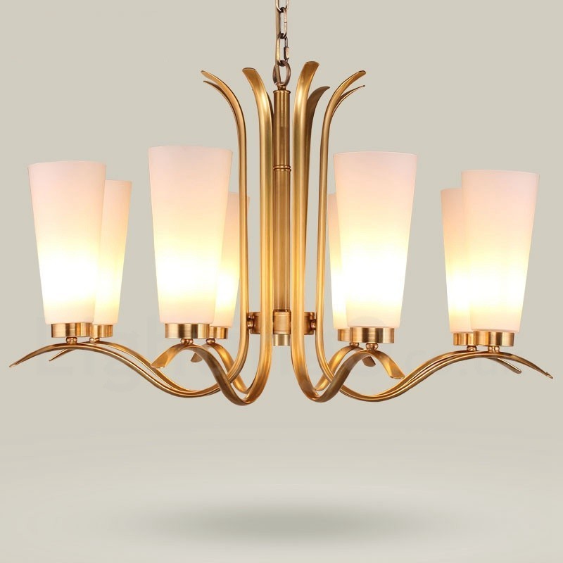 Lámpara colgante de latón rústico retro de 8 luces con pantalla de cristal