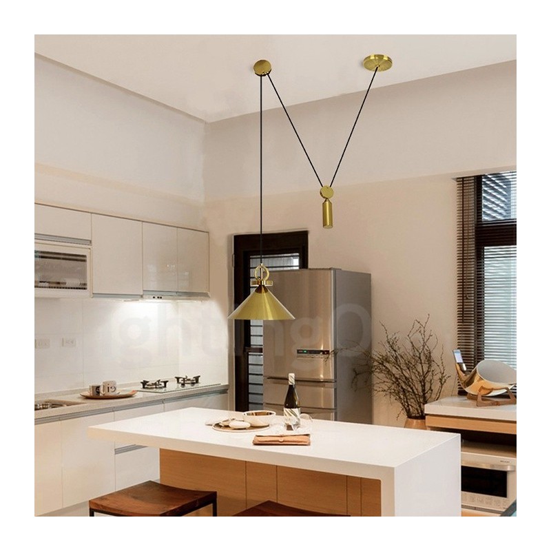 Lámpara colgante de techo de latón con diseño nórdico contemporáneo moderno de cobre puro y con subida y bajada.