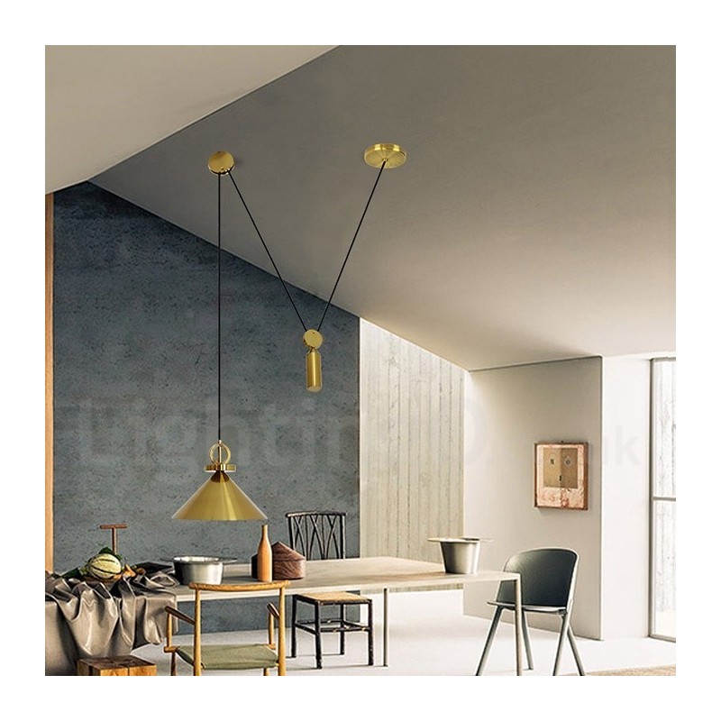 Lámpara colgante de techo de latón con diseño nórdico contemporáneo moderno de cobre puro y con subida y bajada.