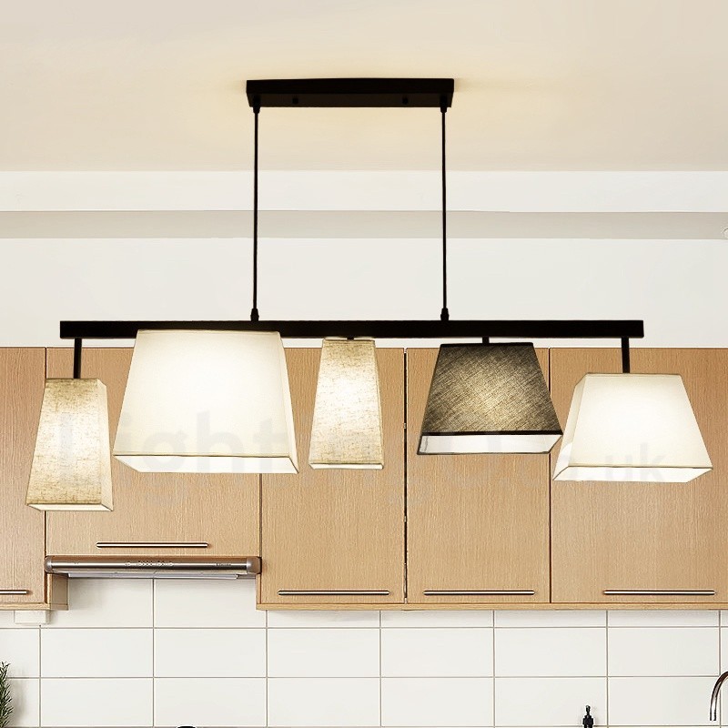 Lámpara colgante moderna contemporánea de acero de 5 luces con pantalla de tela