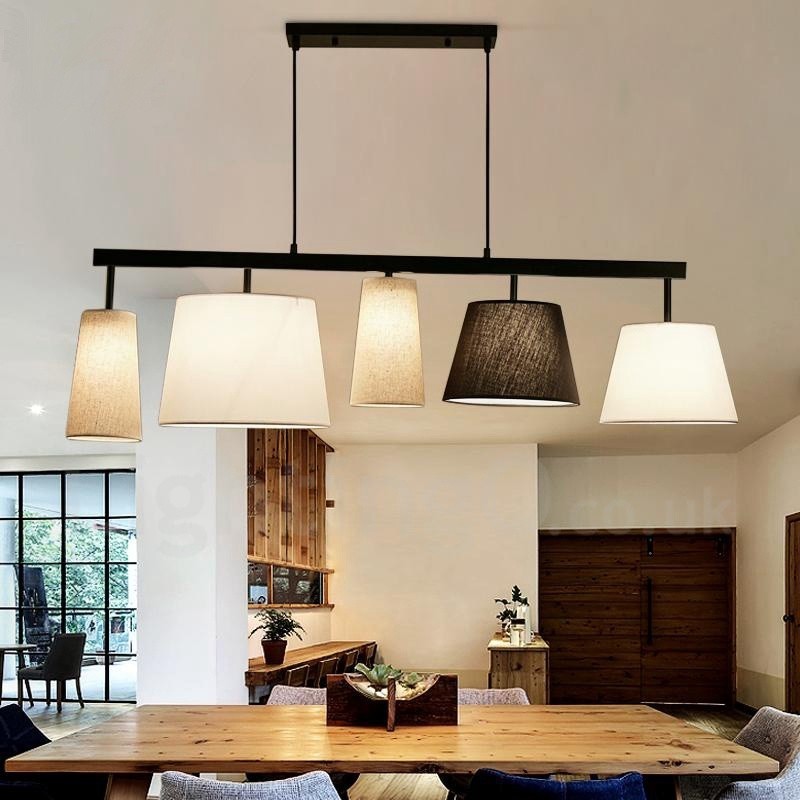 Lámpara colgante moderna contemporánea de acero de 5 luces con pantalla de tela