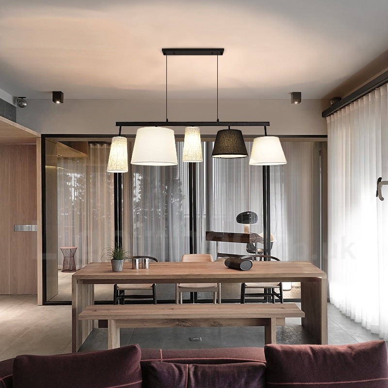 Lámpara colgante moderna contemporánea de acero de 5 luces con pantalla de tela