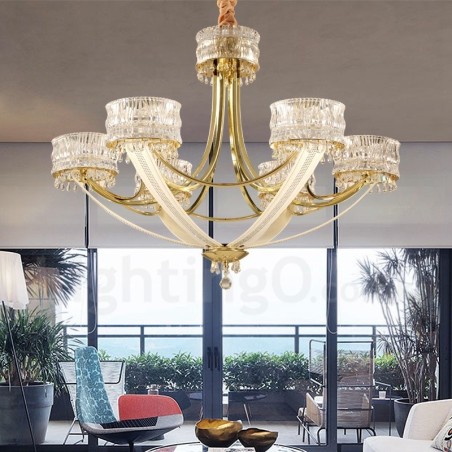 Lámpara de araña moderna contemporánea de acero de 6 luces con pantalla de cristal Lámpara de araña moderna contemporánea de acero de 6 luces con pantalla de cristal