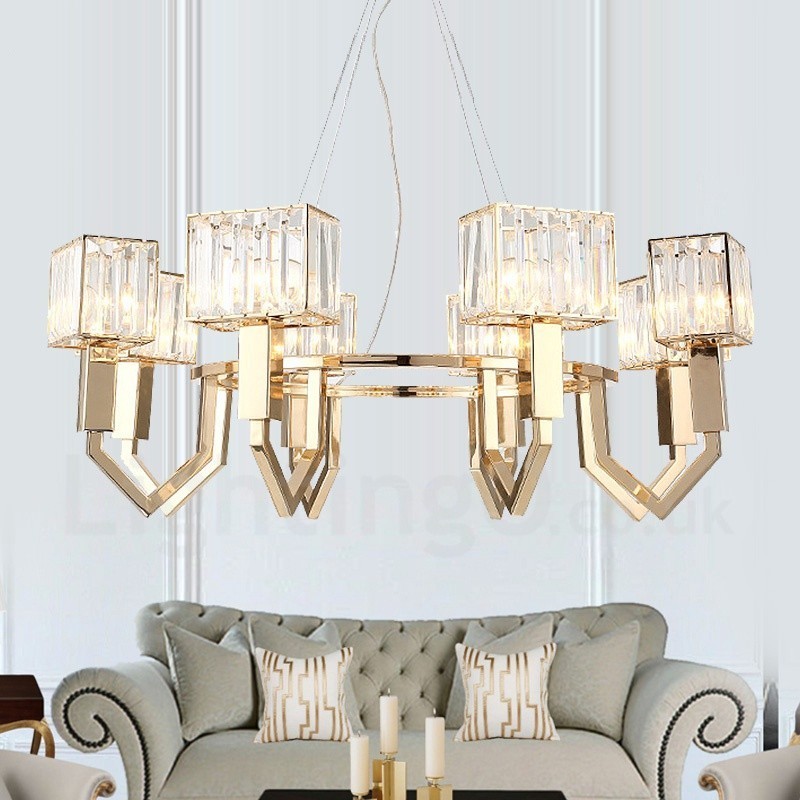 Lámpara colgante moderna contemporánea de acero de 8 luces con pantalla de cristal