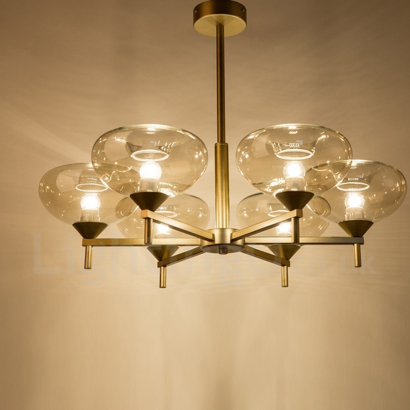 Lámpara de araña moderna y contemporánea de aleación de aluminio de 6 luces con pantalla de cristal