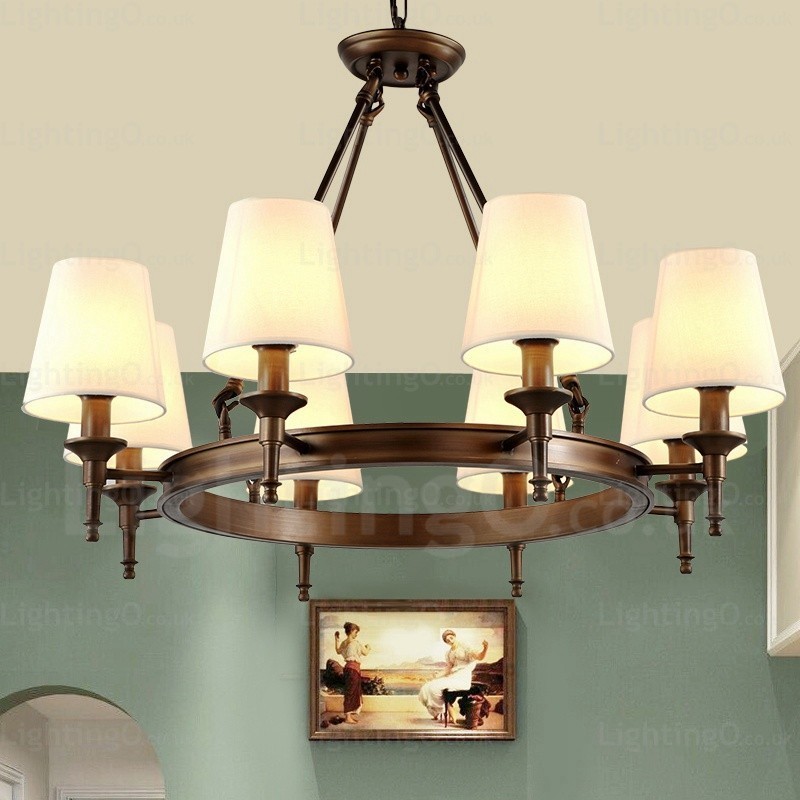Lámpara colgante rústica nórdica de 8 luces con pantalla de tela