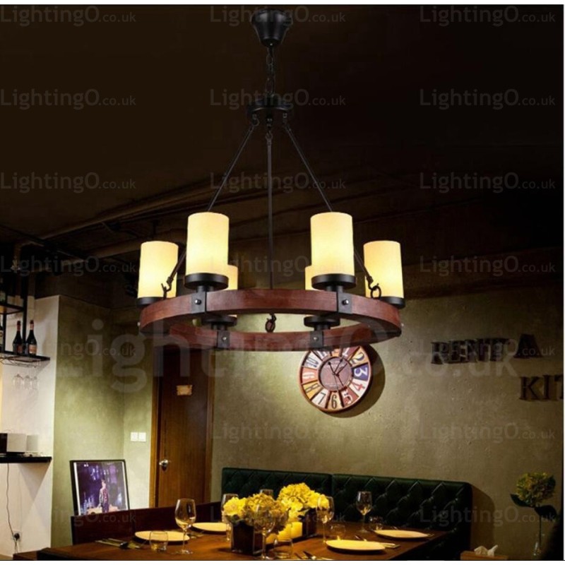 Lámpara colgante rústica de 6 luces con pantalla de cristal