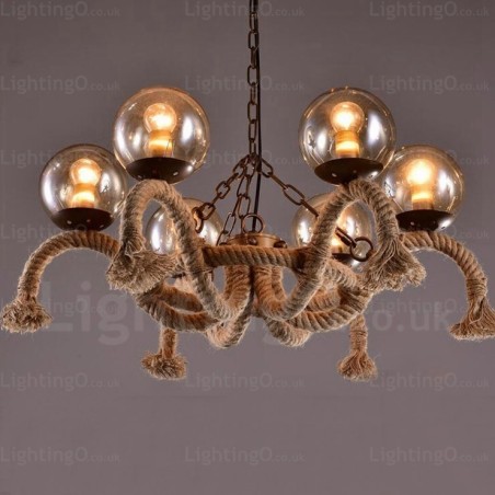 Lámpara colgante retro vintage de 6 luces con pantalla de cristal Lámpara colgante retro vintage de 6 luces con pantalla de cristal