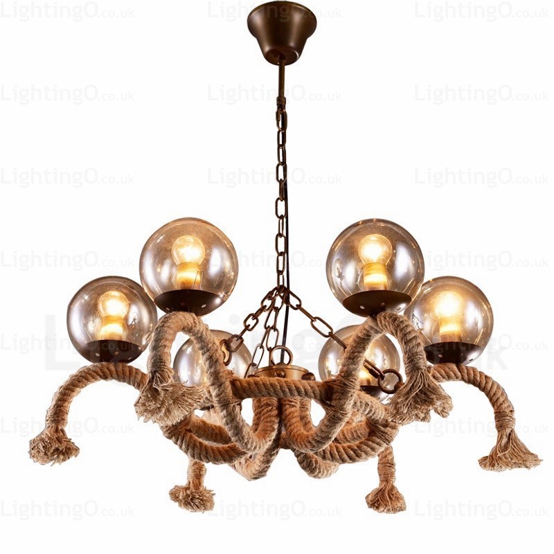 Lámpara colgante retro vintage de 6 luces con pantalla de cristal
