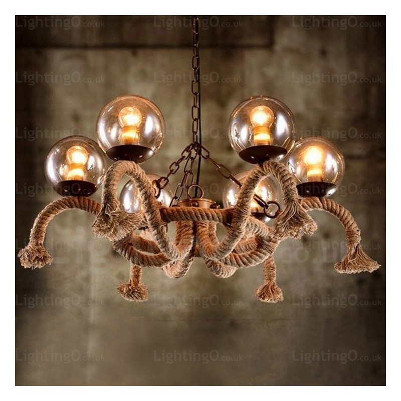 Lámpara colgante retro vintage de 6 luces con pantalla de cristal