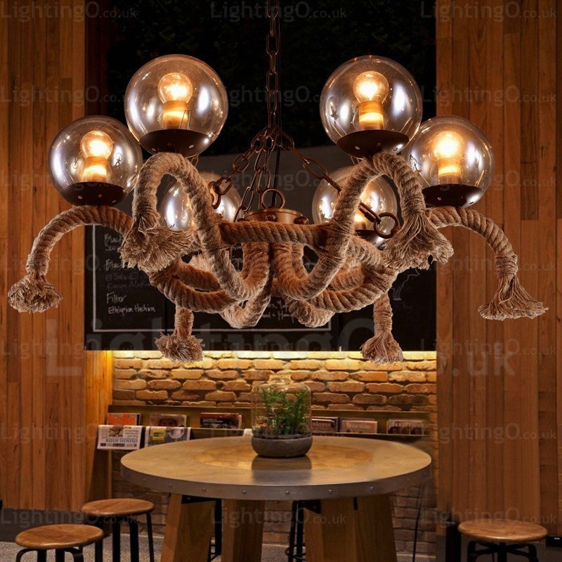 Lámpara colgante retro vintage de 6 luces con pantalla de cristal