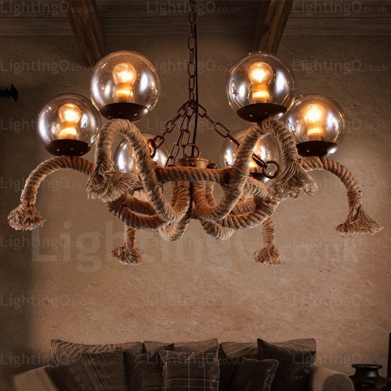 Lámpara colgante retro vintage de 6 luces con pantalla de cristal